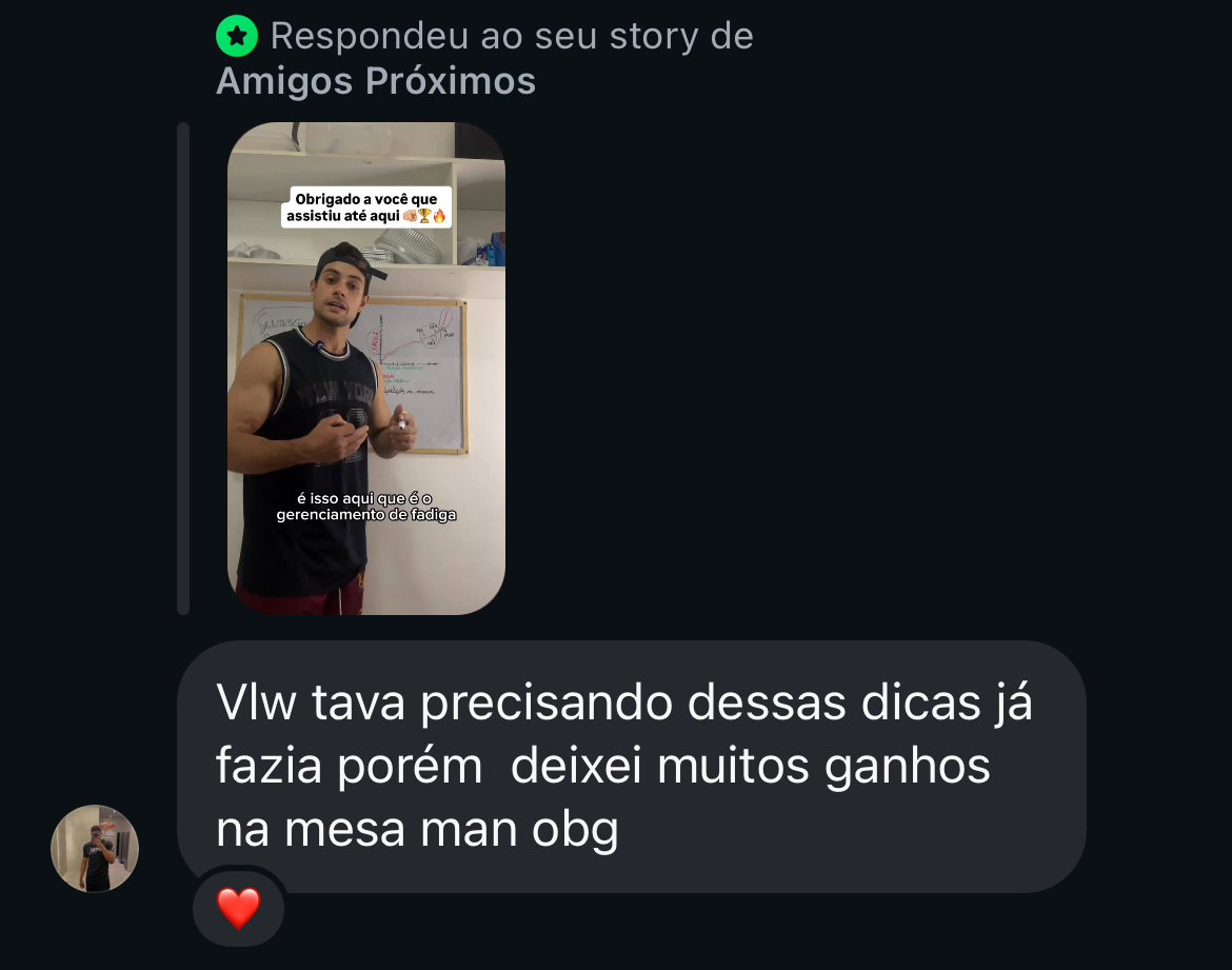 Print de resposta ao story do Close Friends sobre dicas de treino